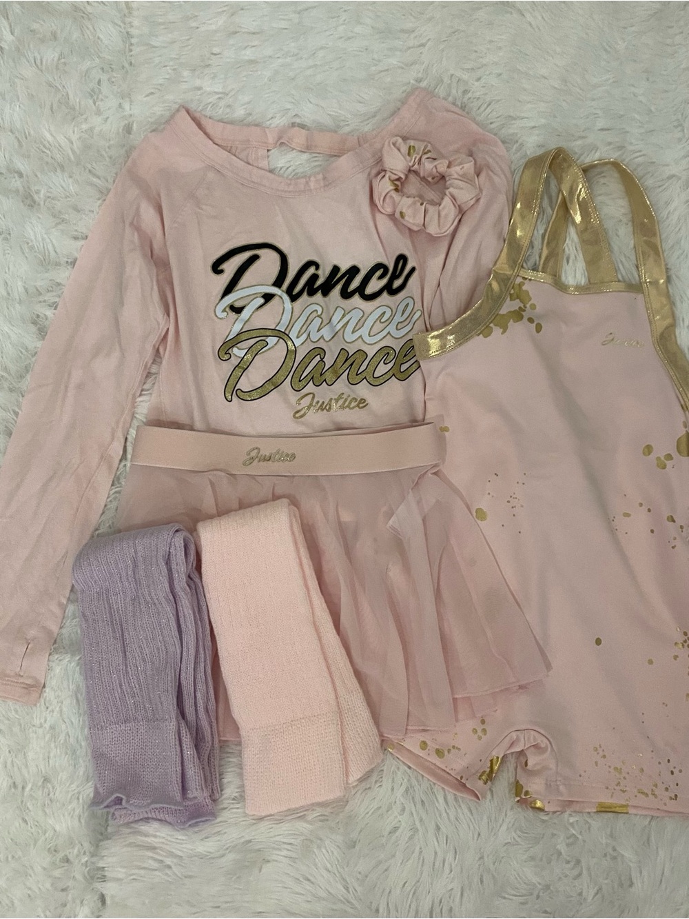 Justice Pink and Gold Dance Costume Set with Lilac Tights